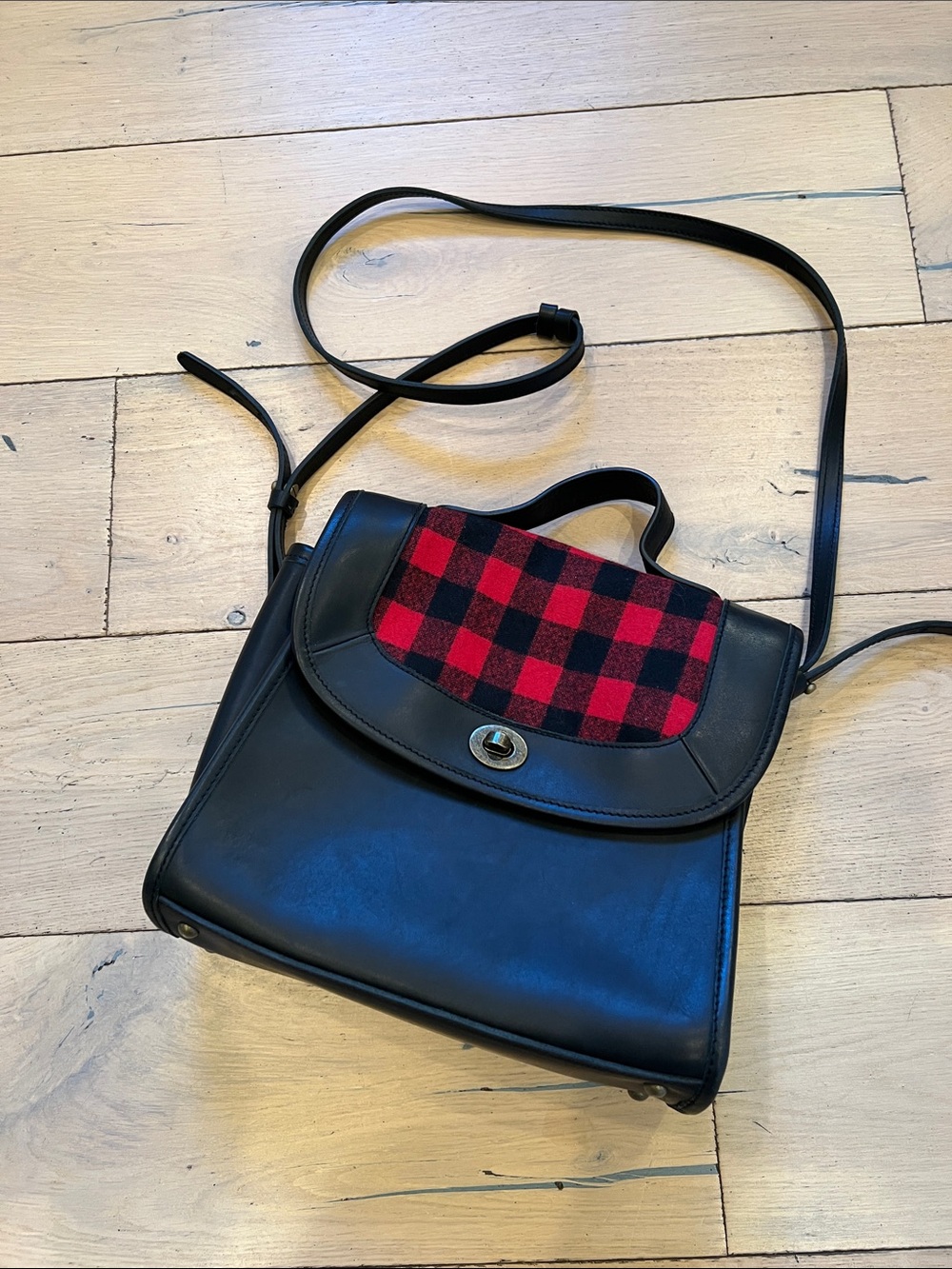 Pendleton Black Leather Crossbody Bag with Red Buffalo Plaid Accent